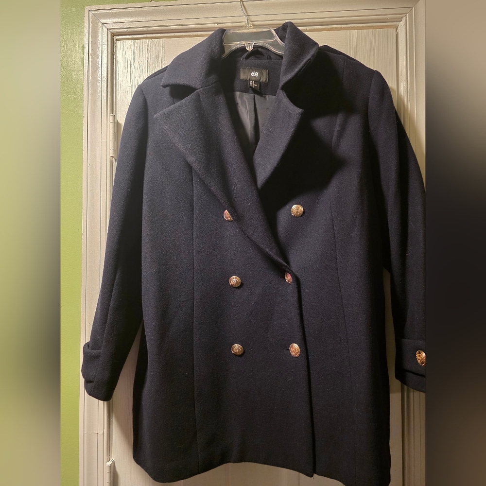 H&M Dark Blue Double-Breasted Pea Coat